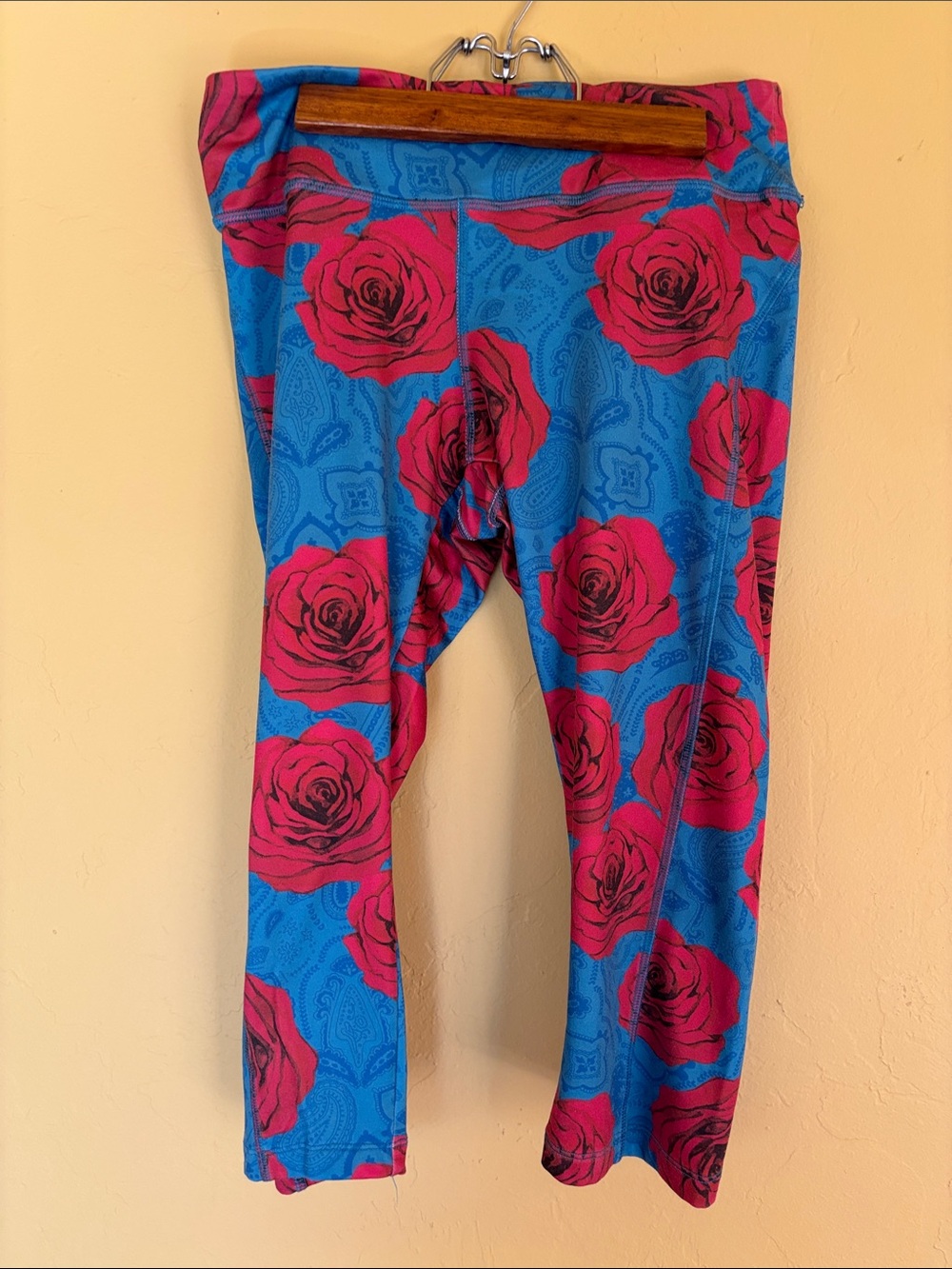 LuLaRoe Women’s Running Pant - Bright Blue with Pink Rose Print